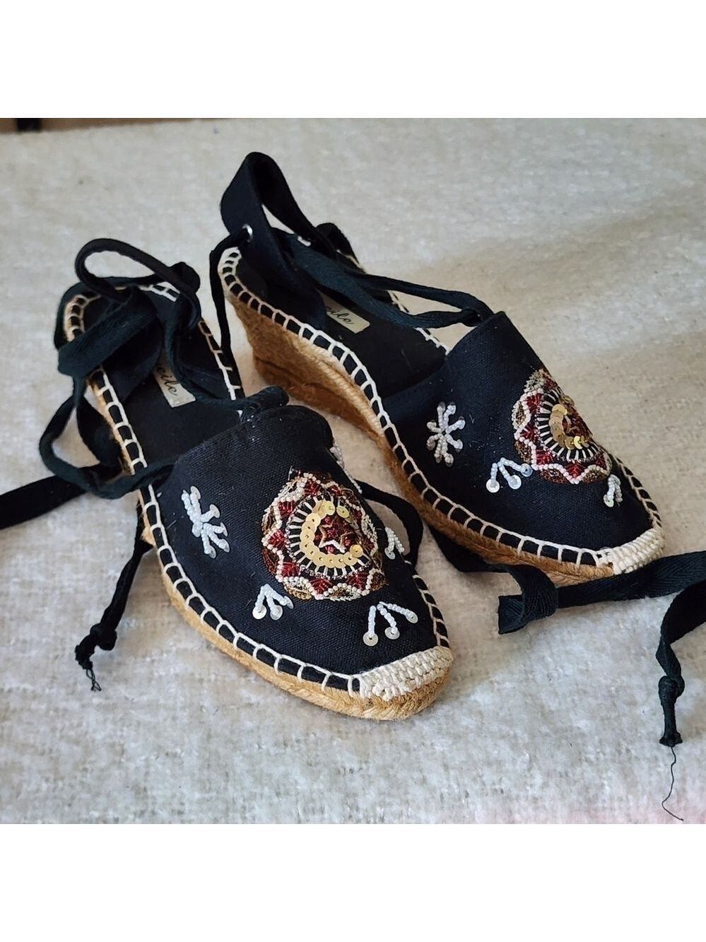Niweile wedge espadrile sandal color black with floral embroidered size 38 - Picture 4 of 7